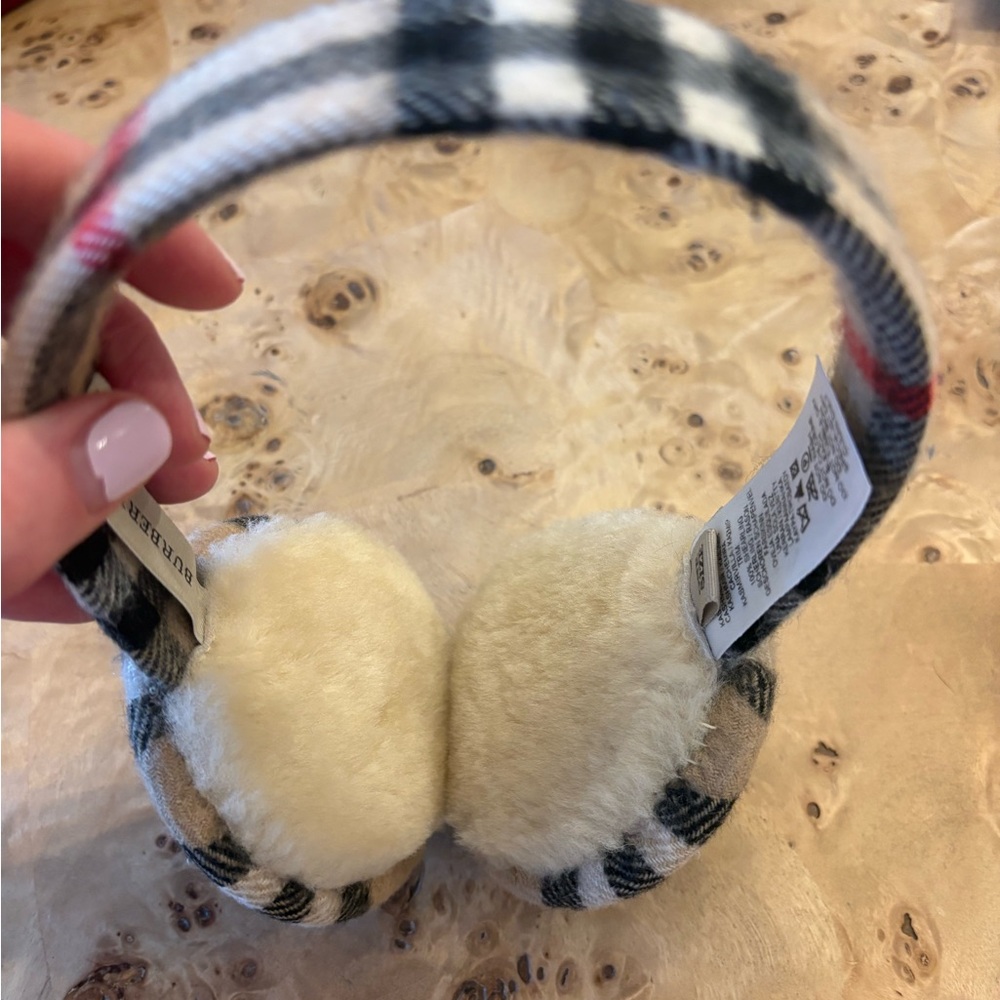 Burberry Checkered Earmuffs with Cream Fur